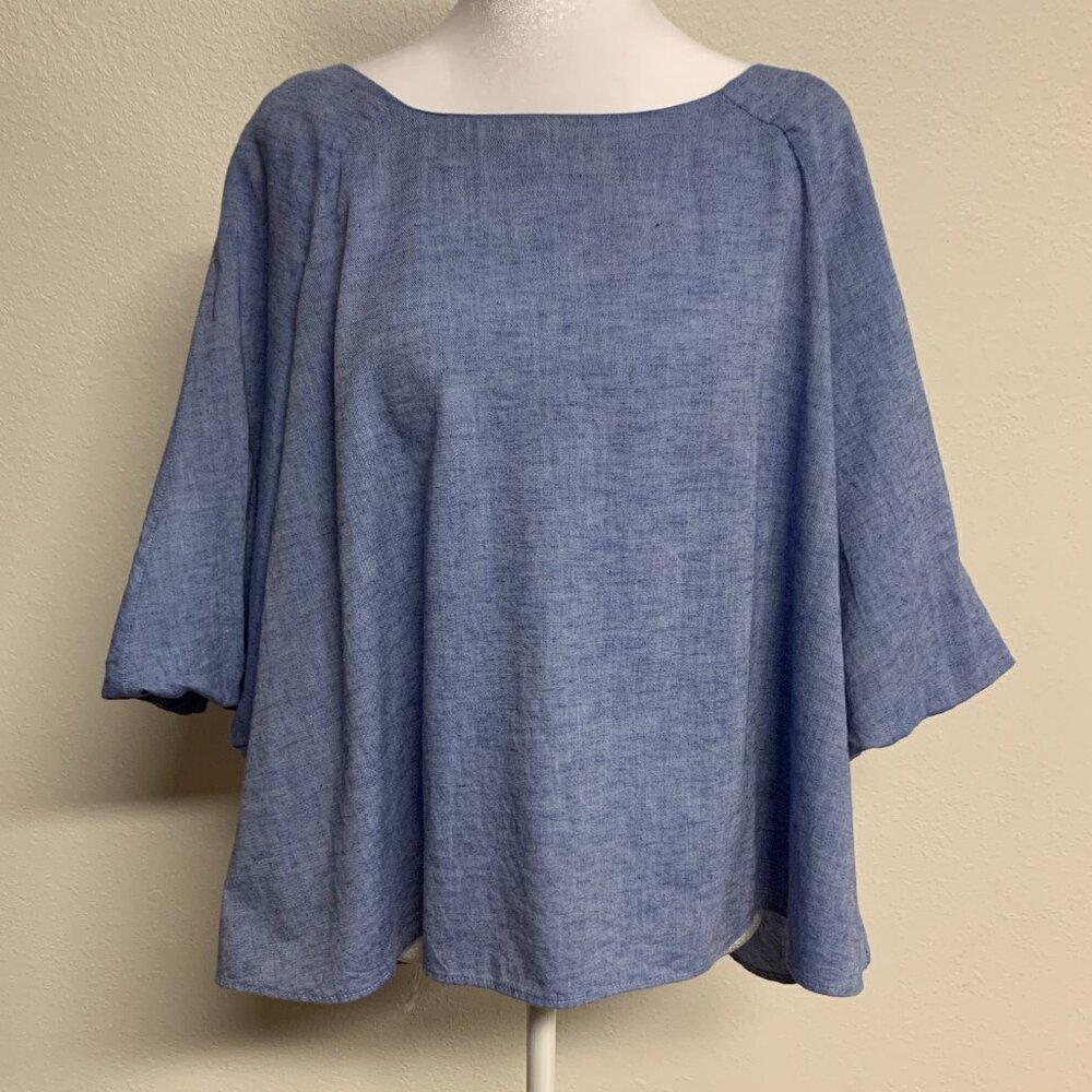 ZARA Chambray Bell Sleeve Blouse Linen Blend Hi-Lo Top Blue Size S